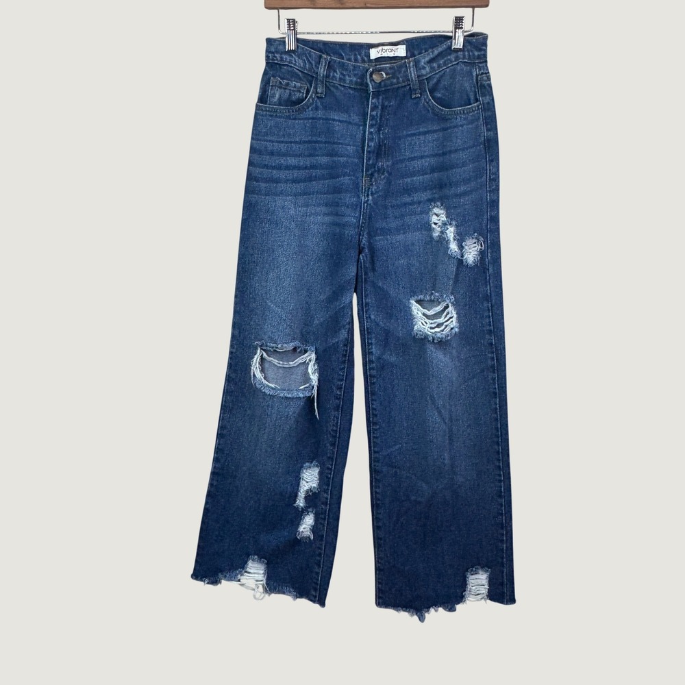 Vibrant‎ M.I.U Wide Leg Distressed Jeans 3 W25 Medium Wash Y2K Grunge Raw Hem